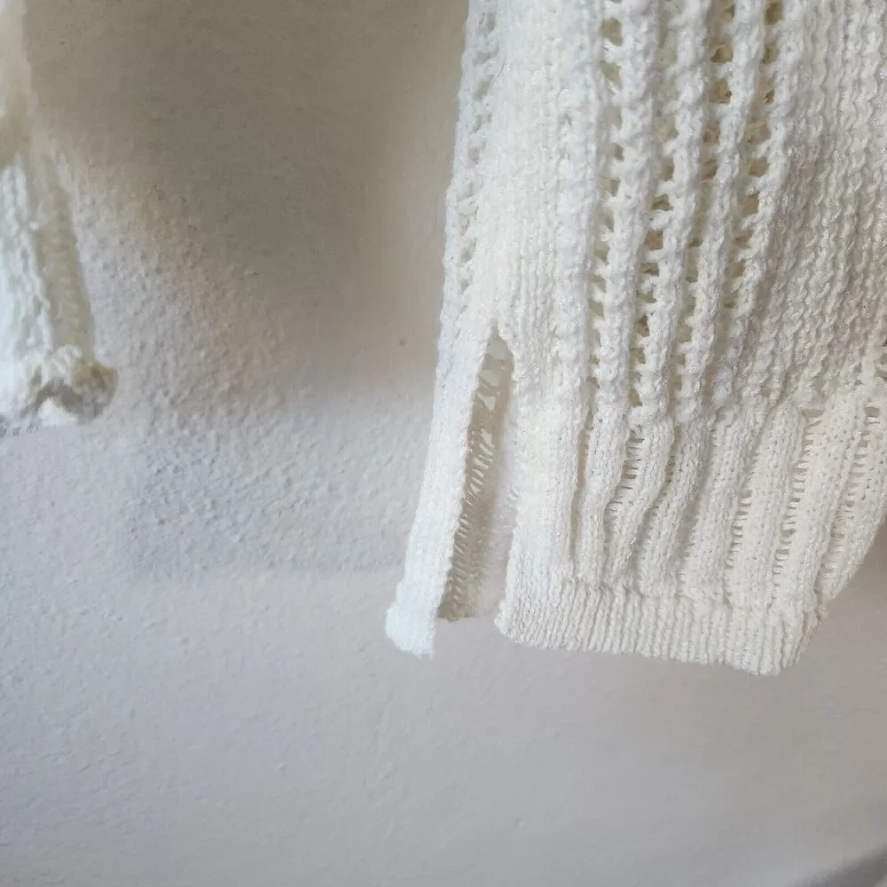 Chico’s Open Stitch Pullover White Sweater Sz SP Long Sleeve Lightweight Crochet
